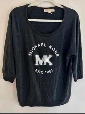 Michael Kors MK Sweatshirt Womens L Gray Bling Pullover Lyocell Cozy Soft Glam